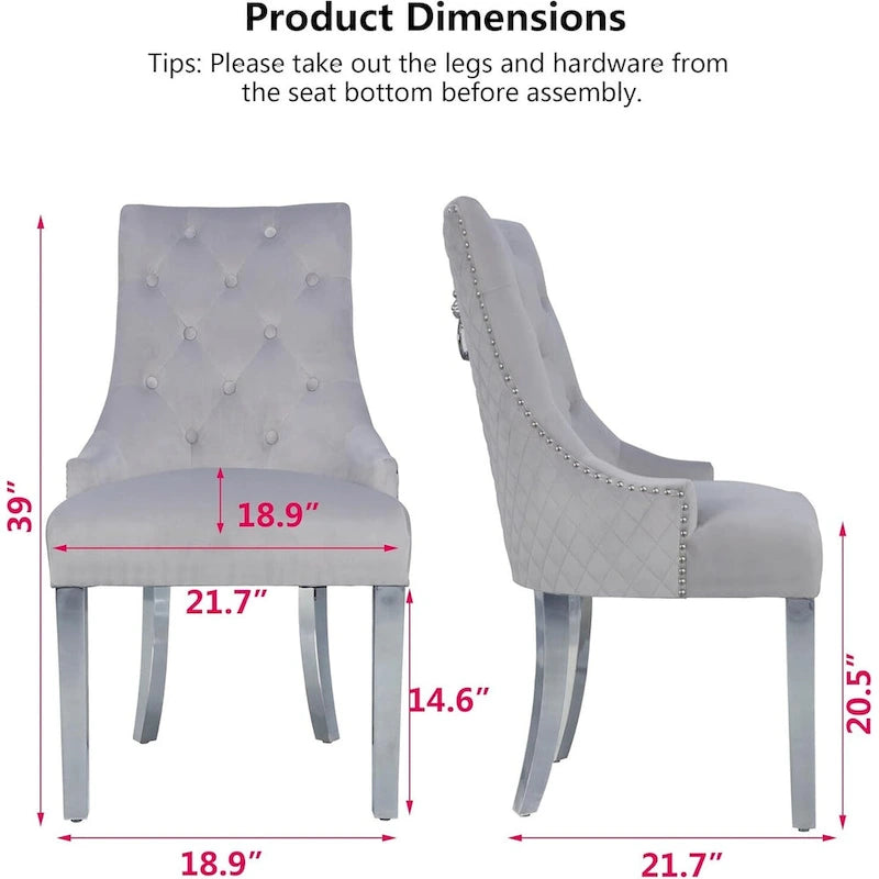 Velvet Dining Chairs Set of 2, Upholstered Tufted Nailhead Dining Room Chairs with Stainless Steel Legs & Lion Head Pull Ring