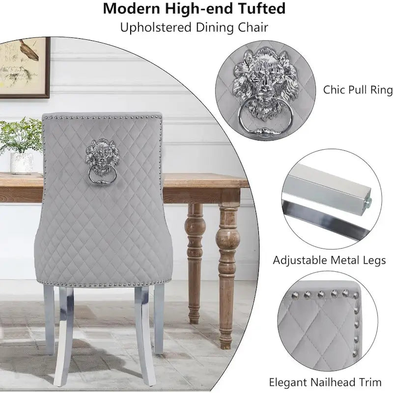 Velvet Dining Chairs Set of 2, Upholstered Tufted Nailhead Dining Room Chairs with Stainless Steel Legs & Lion Head Pull Ring