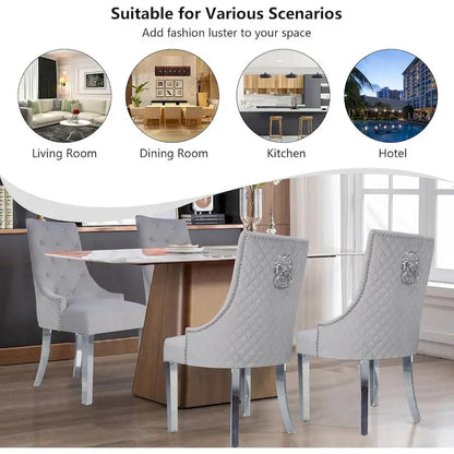 Velvet Dining Chairs Set of 2, Upholstered Tufted Nailhead Dining Room Chairs with Stainless Steel Legs & Lion Head Pull Ring