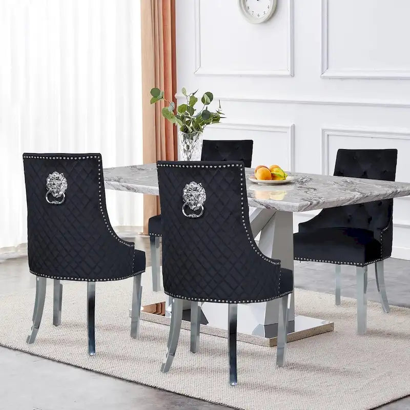 Velvet Dining Chairs Set of 2, Upholstered Tufted Nailhead Dining Room Chairs with Stainless Steel Legs & Lion Head Pull Ring