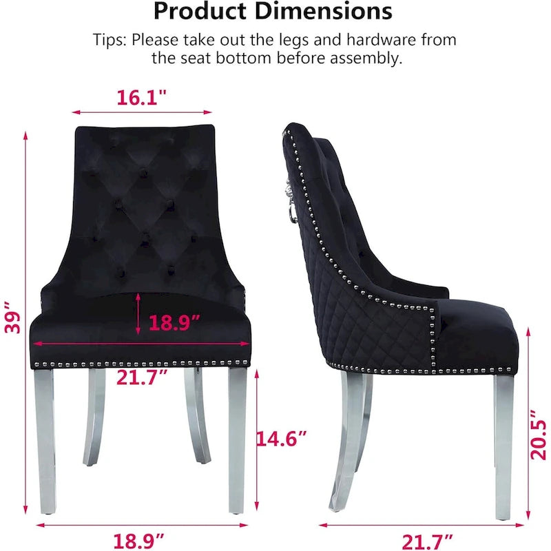 Velvet Dining Chairs Set of 2, Upholstered Tufted Nailhead Dining Room Chairs with Stainless Steel Legs & Lion Head Pull Ring
