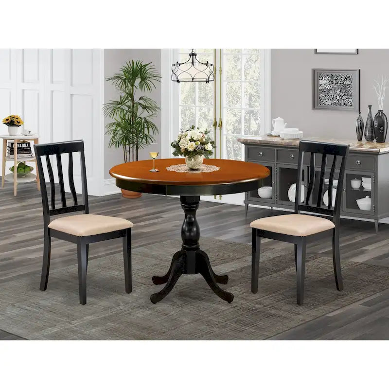 East West Furniture Dining Table Set- A Round Kitchen Table and Dining Chairs, Black & Cherry (Pieces & Seat Type Options)