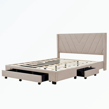 Queen Size Storage Bed Linen Upholstered Platform Bed with 3 Drawers
