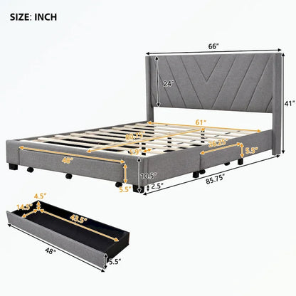 Queen Size Storage Bed Linen Upholstered Platform Bed with 3 Drawers