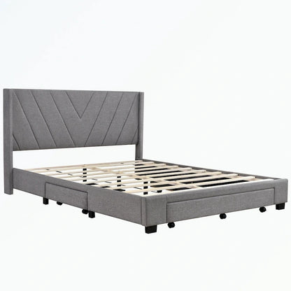 Queen Size Storage Bed Linen Upholstered Platform Bed with 3 Drawers