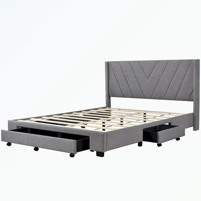 Queen Size Storage Bed Linen Upholstered Platform Bed with 3 Drawers