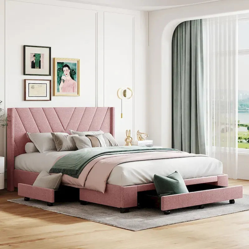 Queen Size Storage Bed Linen Upholstered Platform Bed with 3 Drawers