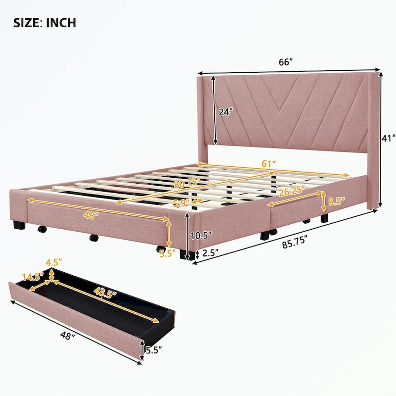 Queen Size Storage Bed Linen Upholstered Platform Bed with 3 Drawers
