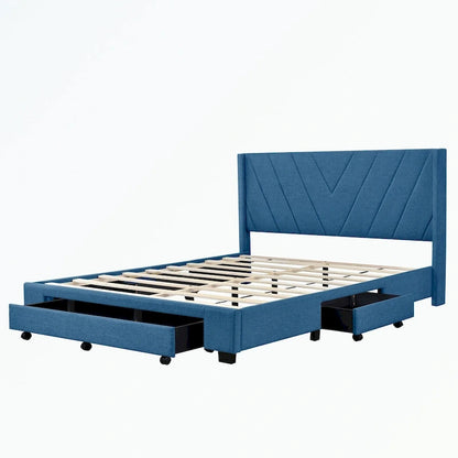 Queen Size Storage Bed Linen Upholstered Platform Bed with 3 Drawers