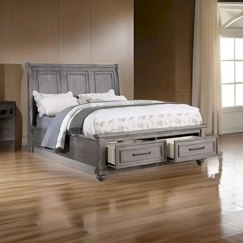 Demi King Size Bed, Sleigh Headboard, 2 Storage Drawers, Oak Gray Wood