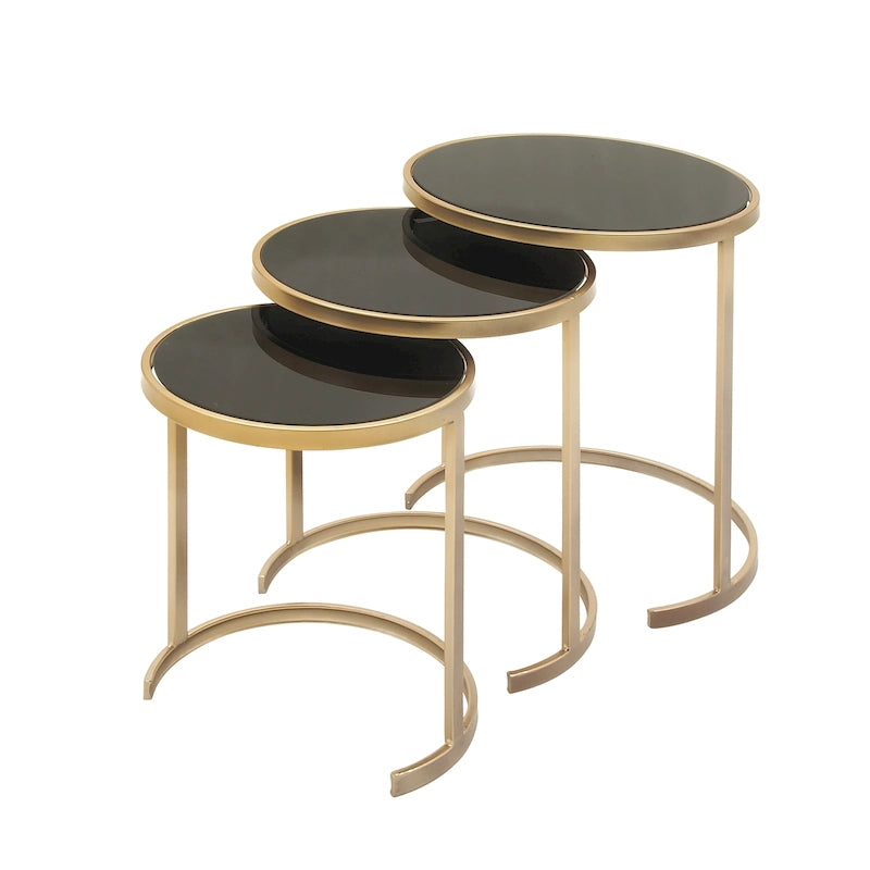 Metal Round Nesting Accent Table with Black Glass Top - Set of 3 Gold or Silver - Roche River Decor