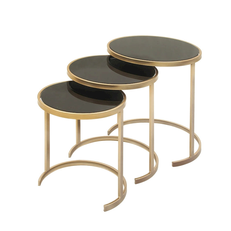 Metal Round Nesting Accent Table with Black Glass Top - Set of 3 Gold or Silver - Roche River Decor