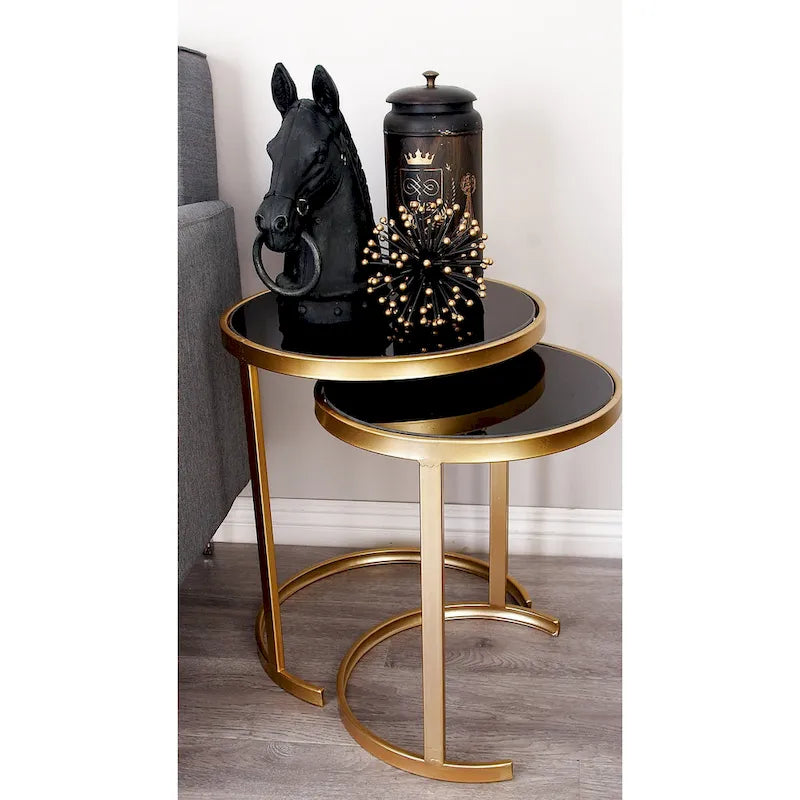 Metal Round Nesting Accent Table with Black Glass Top - Set of 3 Gold or Silver - Roche River Decor