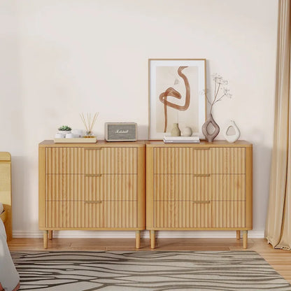 Moasis Modern Fluted 3-Drawer Dresser Chest of Drawers Natural Oak