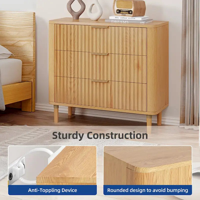 Moasis Modern Fluted 3-Drawer Dresser Chest of Drawers Natural Oak