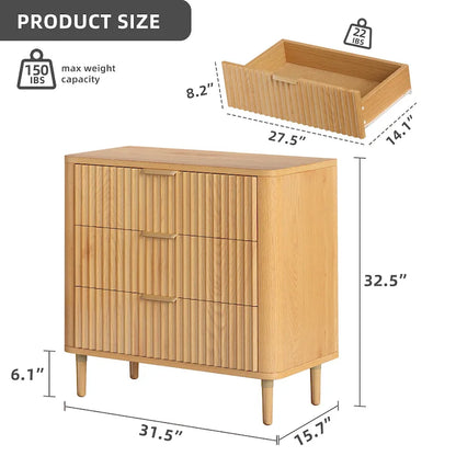 Moasis Modern Fluted 3-Drawer Dresser Chest of Drawers Natural Oak