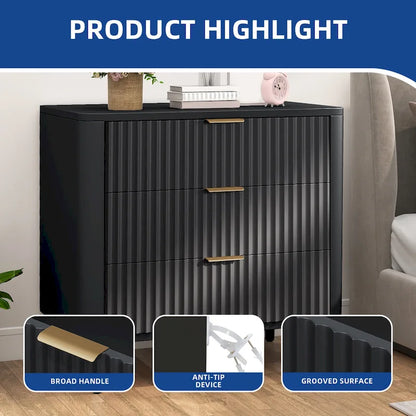 Moasis Modern Fluted 3-Drawer Dresser Chest of Drawers Natural Oak