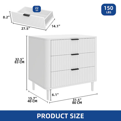 Moasis Modern Fluted 3-Drawer Dresser Chest of Drawers Natural Oak