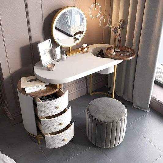 Modern Makeup Vanity Table With LED Lighted Mirror,Dressing Table with Movable Tray Top, 3 Solid Wood Drawer, Without Stool