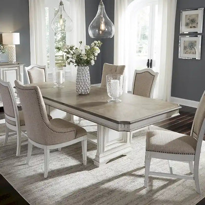 Abbey Park Antique White & Weathered Brown 7 Piece Trestle Table Set