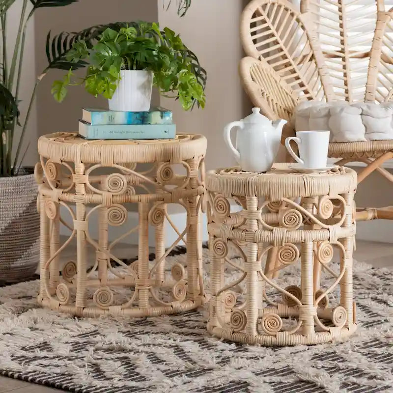 Bowie Modern Bohemian Natural Brown Rattan 2-Piece Nesting End Table Set
