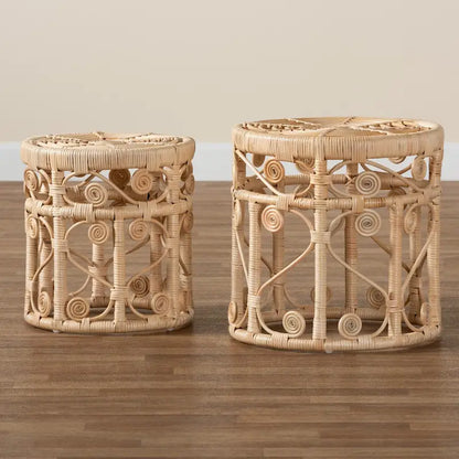 Bowie Modern Bohemian Natural Brown Rattan 2-Piece Nesting End Table Set