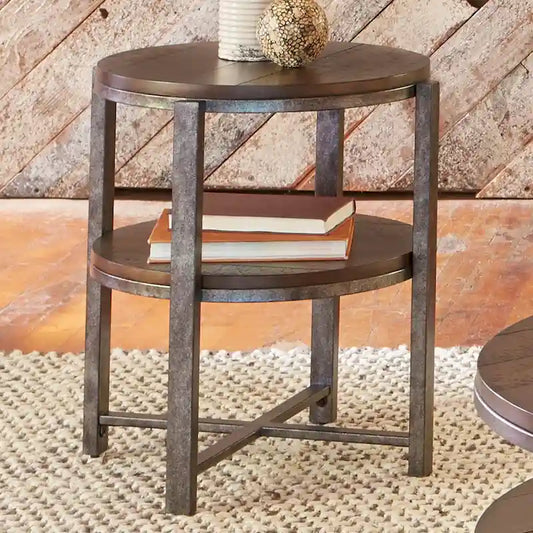 Breckinridge Rustic Poplar and Pewter Metal Round End Table