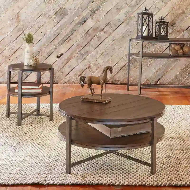 Breckinridge Rustic Poplar and Pewter Metal Round End Table