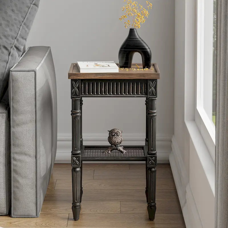 COZAYH French Country Distressed Accent Table, Espresso Tray Top and Woven Wicker Shelf, Boho, Farmhouse, Rustic Decor