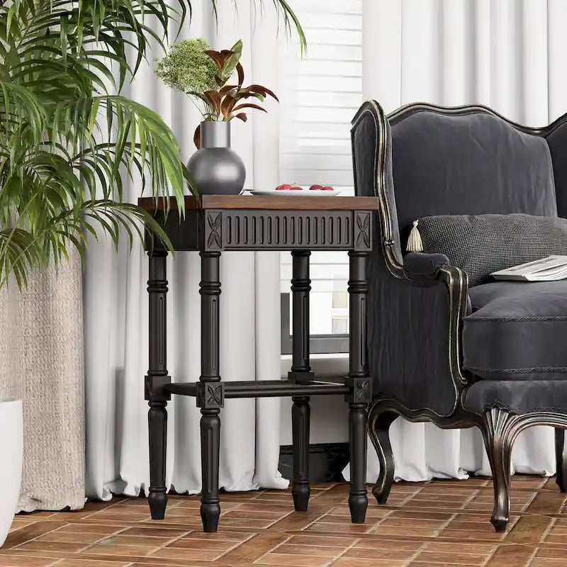 COZAYH French Country Distressed Accent Table, Espresso Tray Top and Woven Wicker Shelf, Boho, Farmhouse, Rustic Decor