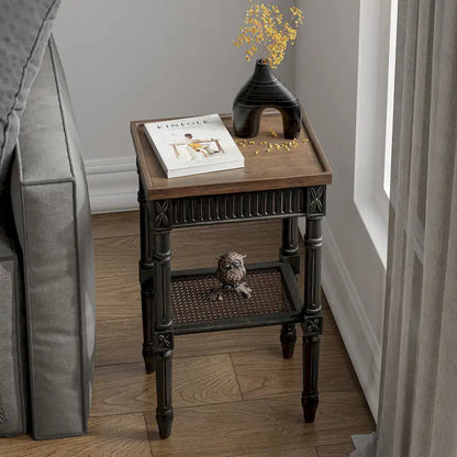 COZAYH French Country Distressed Accent Table, Espresso Tray Top and Woven Wicker Shelf, Boho, Farmhouse, Rustic Decor