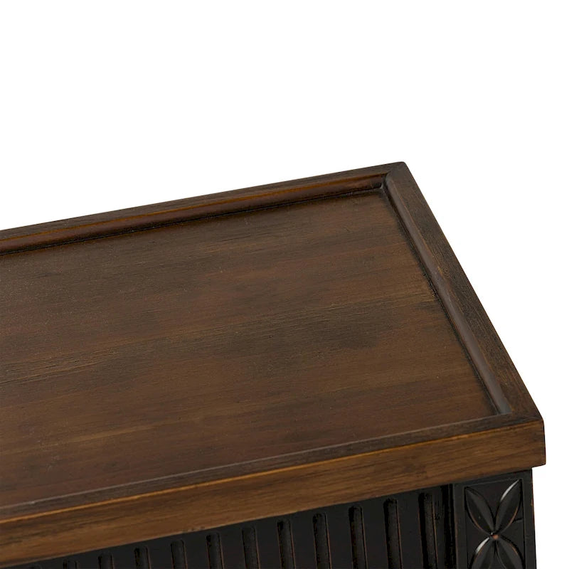 COZAYH French Country Distressed Accent Table, Espresso Tray Top and Woven Wicker Shelf, Boho, Farmhouse, Rustic Decor