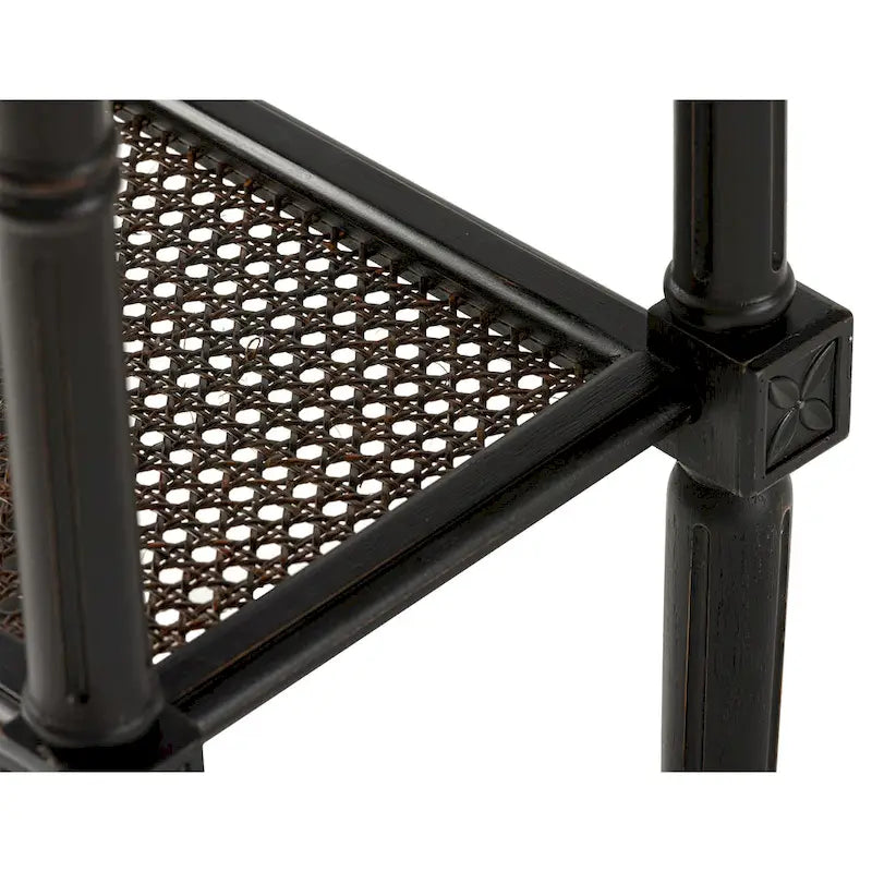 COZAYH French Country Distressed Accent Table, Espresso Tray Top and Woven Wicker Shelf, Boho, Farmhouse, Rustic Decor