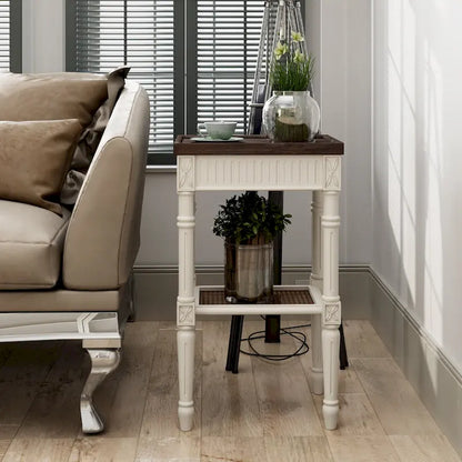 COZAYH French Country Distressed Accent Table, Espresso Tray Top and Woven Wicker Shelf, Boho, Farmhouse, Rustic Decor