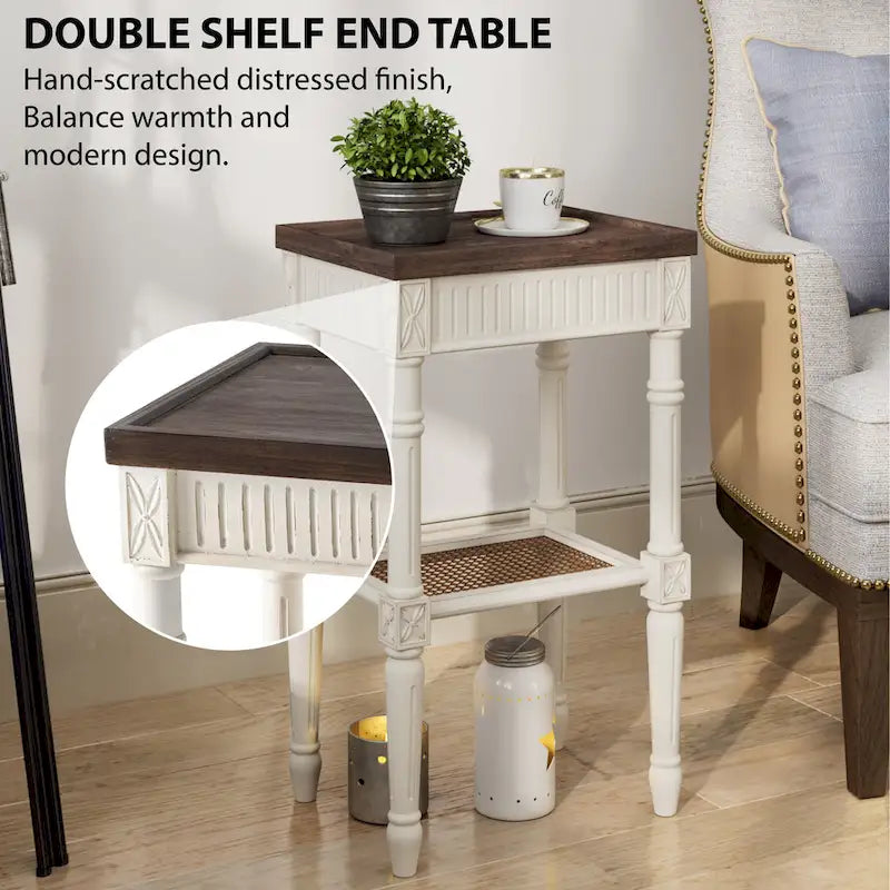 COZAYH French Country Distressed Accent Table, Espresso Tray Top and Woven Wicker Shelf, Boho, Farmhouse, Rustic Decor