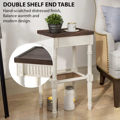 COZAYH French Country Distressed Accent Table, Espresso Tray Top and Woven Wicker Shelf, Boho, Farmhouse, Rustic Decor