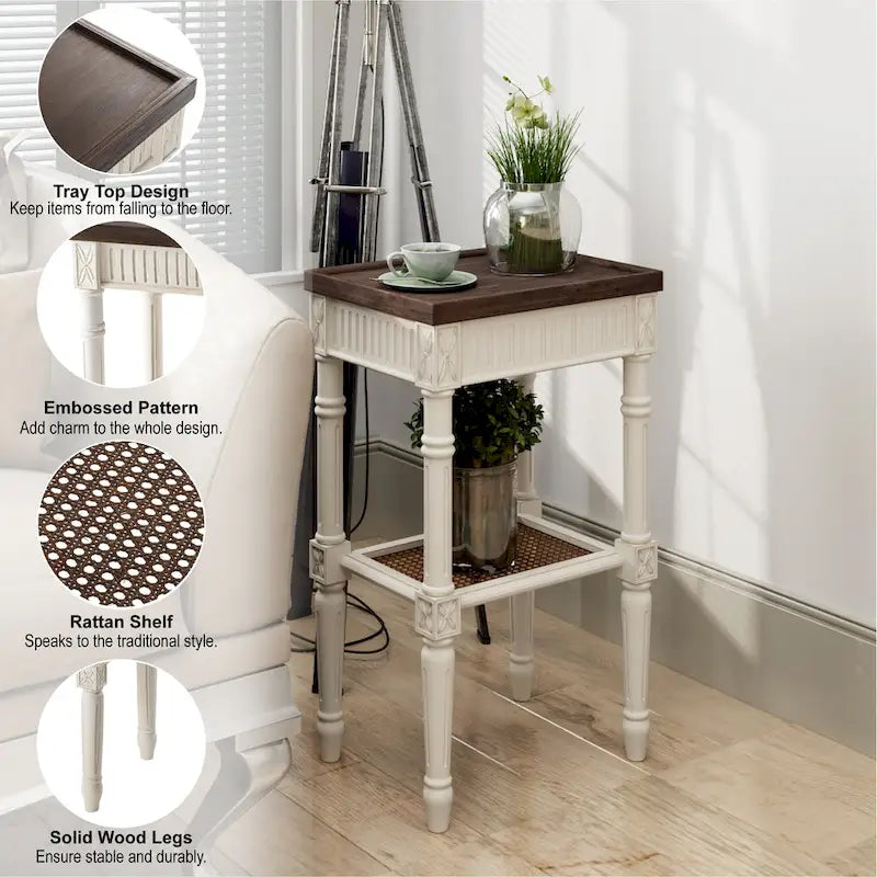 COZAYH French Country Distressed Accent Table, Espresso Tray Top and Woven Wicker Shelf, Boho, Farmhouse, Rustic Decor