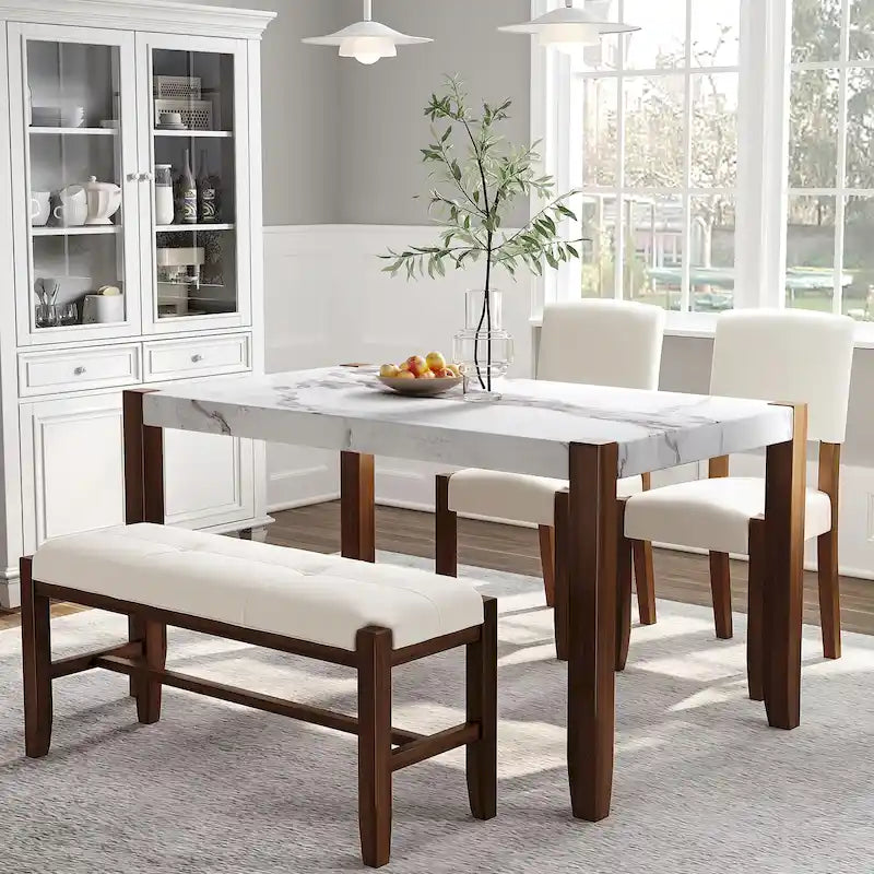 4-Piece Dining Table Set with 2 Upholstered Chairs and Bench