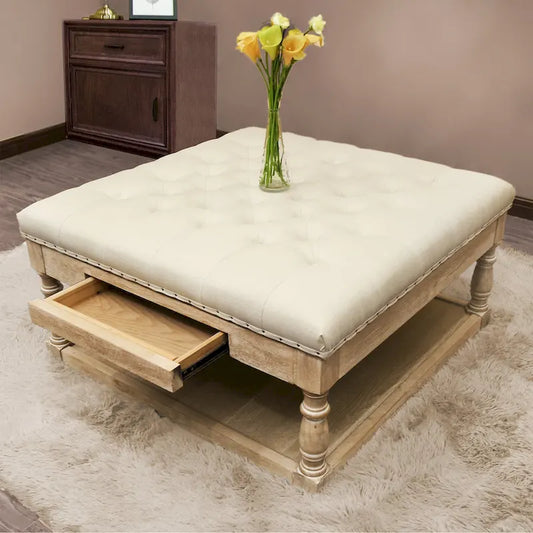 Suleiman Tufted Padded Cocktail Ottoman with Shelf and Drawer