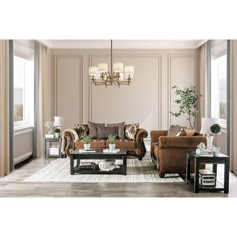 Pora Traditional Brown Chenille Upholstered Rolled Arms Sofa by Furniture of America