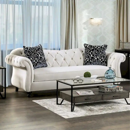 Addae Glam White Fabric Upholstered Rolled Arms Tufted Sofa by Furniture of America