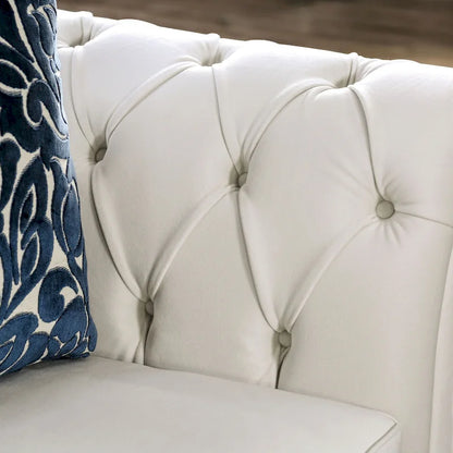 Addae Glam White Fabric Upholstered Rolled Arms Tufted Sofa by Furniture of America