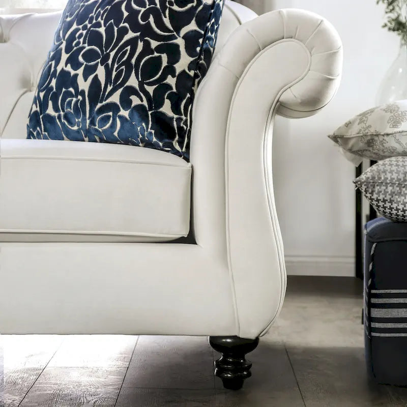 Addae Glam White Fabric Upholstered Rolled Arms Tufted Sofa by Furniture of America