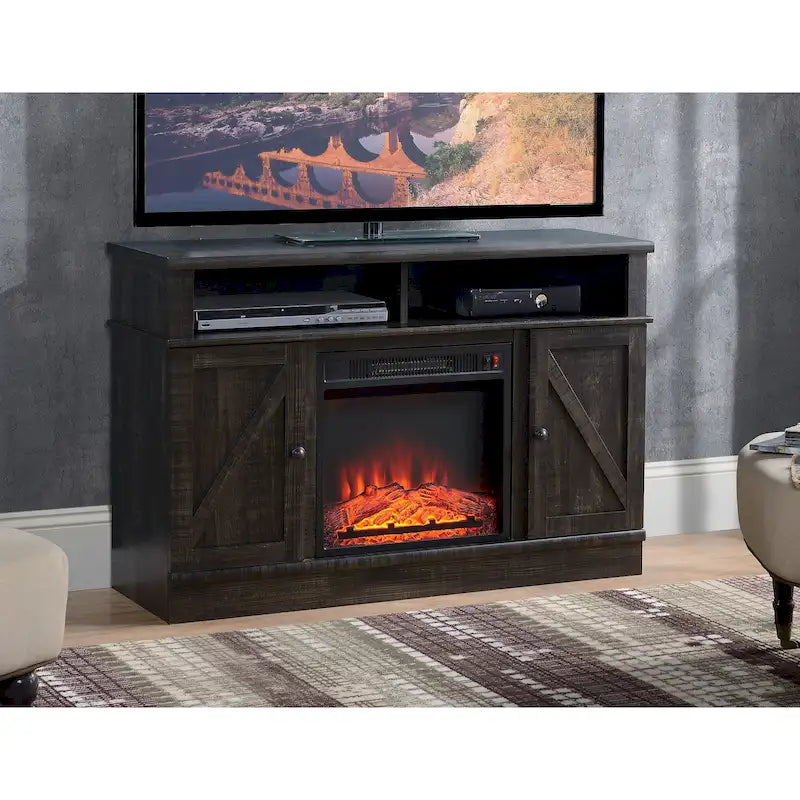 Rustic Dark Wood TV Stand With Fireplace