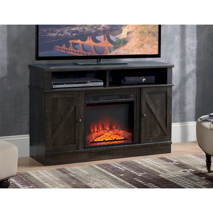 Rustic Dark Wood TV Stand With Fireplace