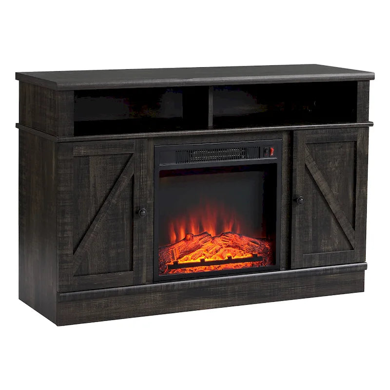 Rustic Dark Wood TV Stand With Fireplace