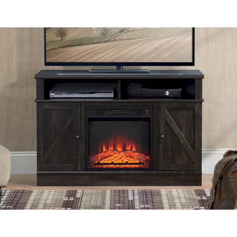Rustic Dark Wood TV Stand With Fireplace