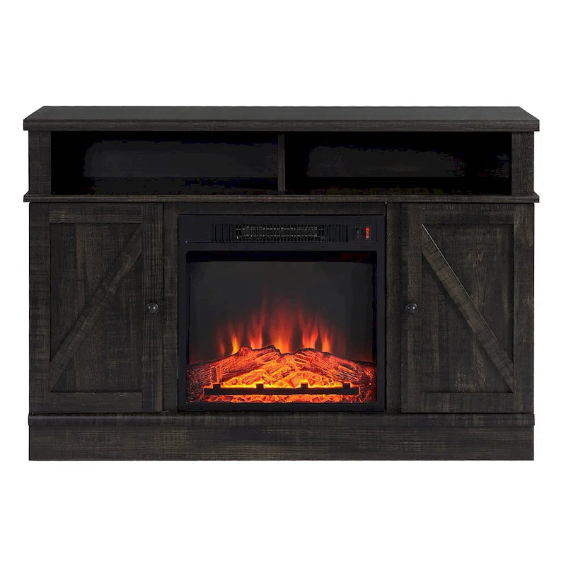 Rustic Dark Wood TV Stand With Fireplace