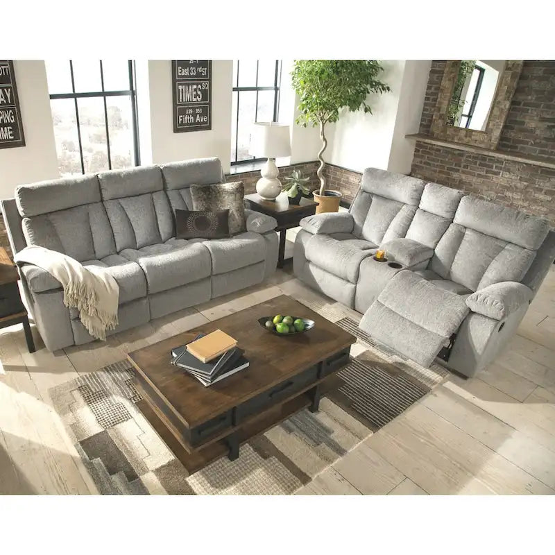 Mitchiner Gray Contemporary Reclining Sofa with Drop Down Table