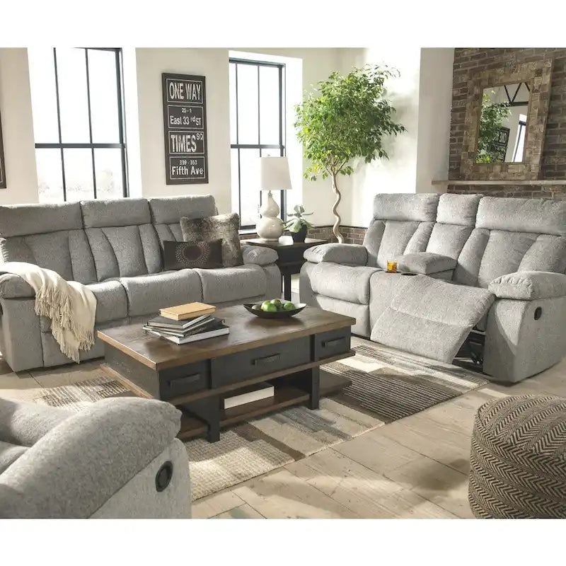 Mitchiner Gray Contemporary Reclining Sofa with Drop Down Table